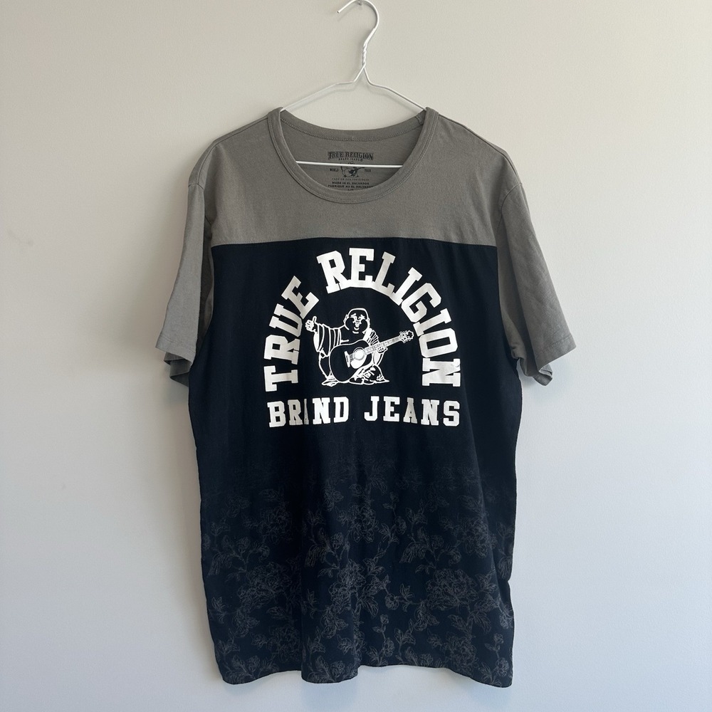 True Religion Men's T-Shirt Size L Black Grey Short Sleeve Logo Graphic Tee